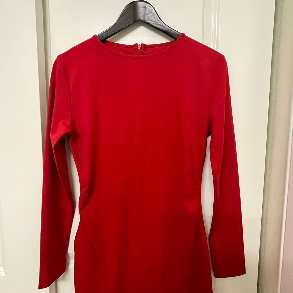 Women’s Red Long Sleeve Midi Sheath Dress Stretch Slim Comfy Size L - Picture 8 of 14
